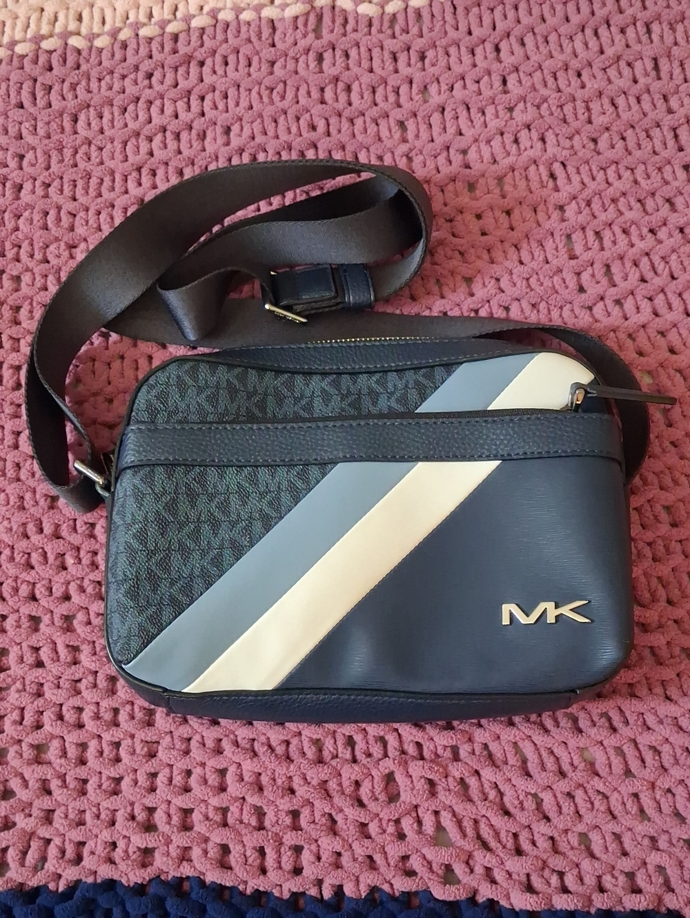 Michael Kors Navy Crossbody Bag with Light Cream and Gray Stripes